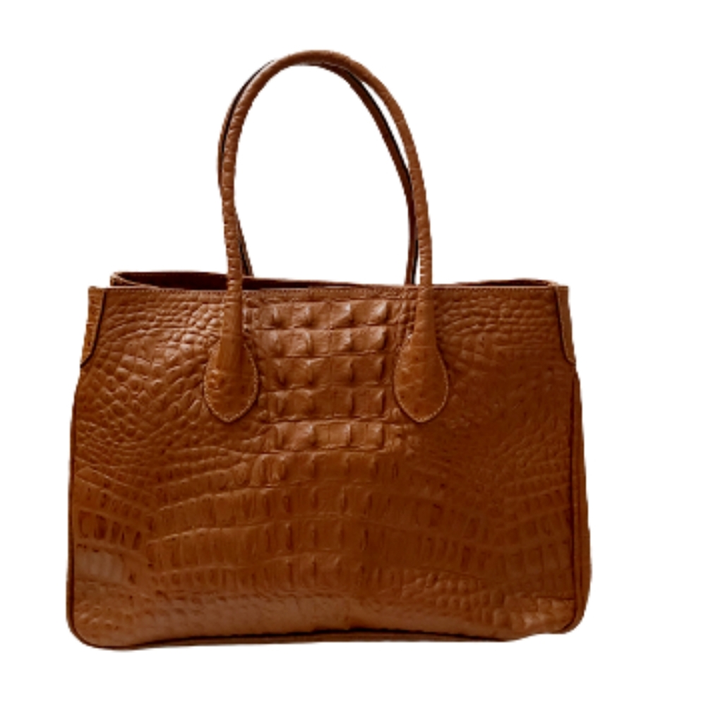 Courage B brown Andre crocodile embossed leather satchel